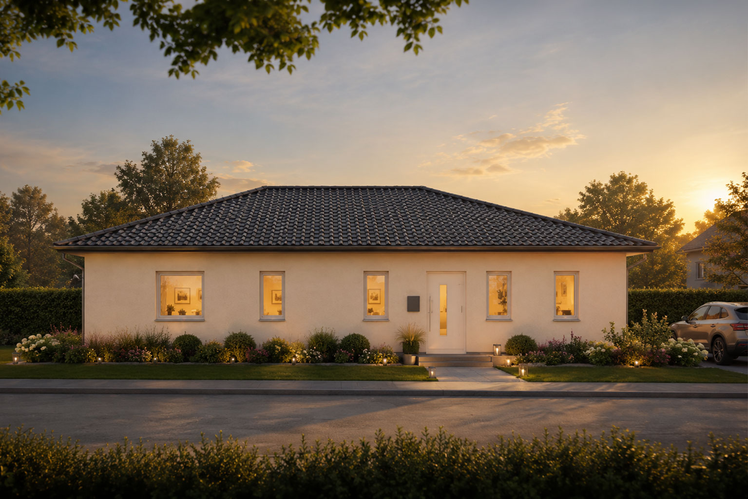 Moderner Bungalow Family 108 mit heller Fassade, dunklem Walmdach und überdachtem Eingangsbereich, umgeben von einem gepflegten Vorgarten.
