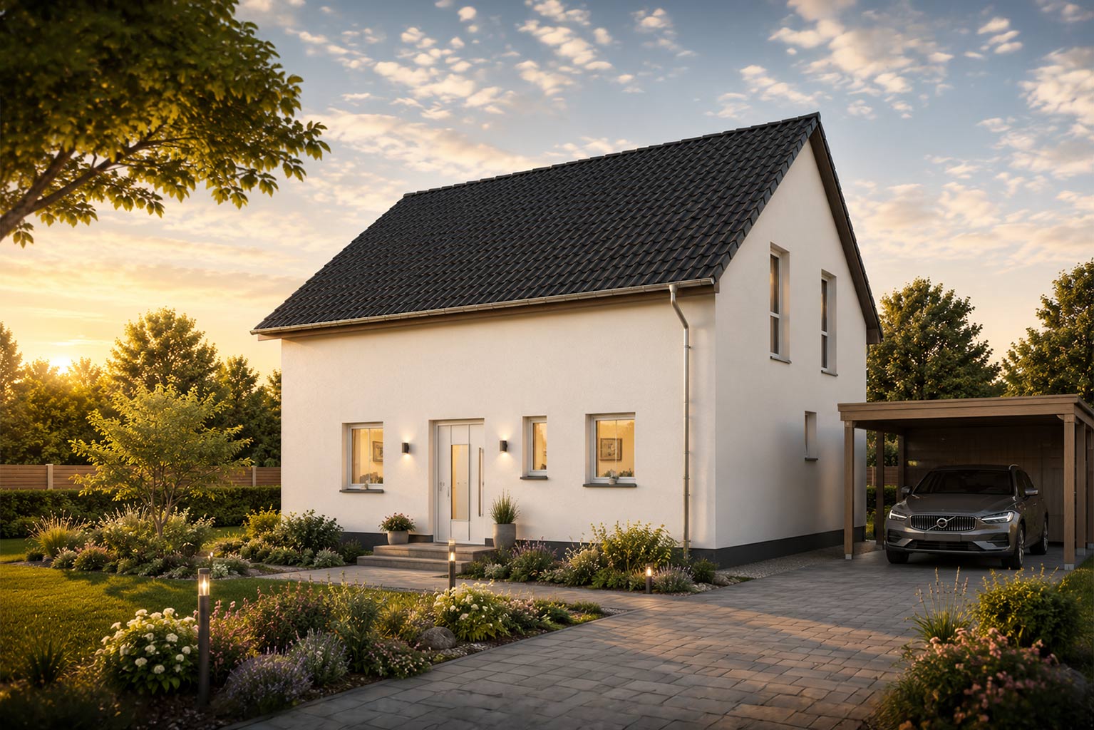 Einfamilienhaus Family 133 mit heller Fassade, dunklem Satteldach und Carport, umgeben von einem bepflanzten Vorgarten bei Abendlicht.