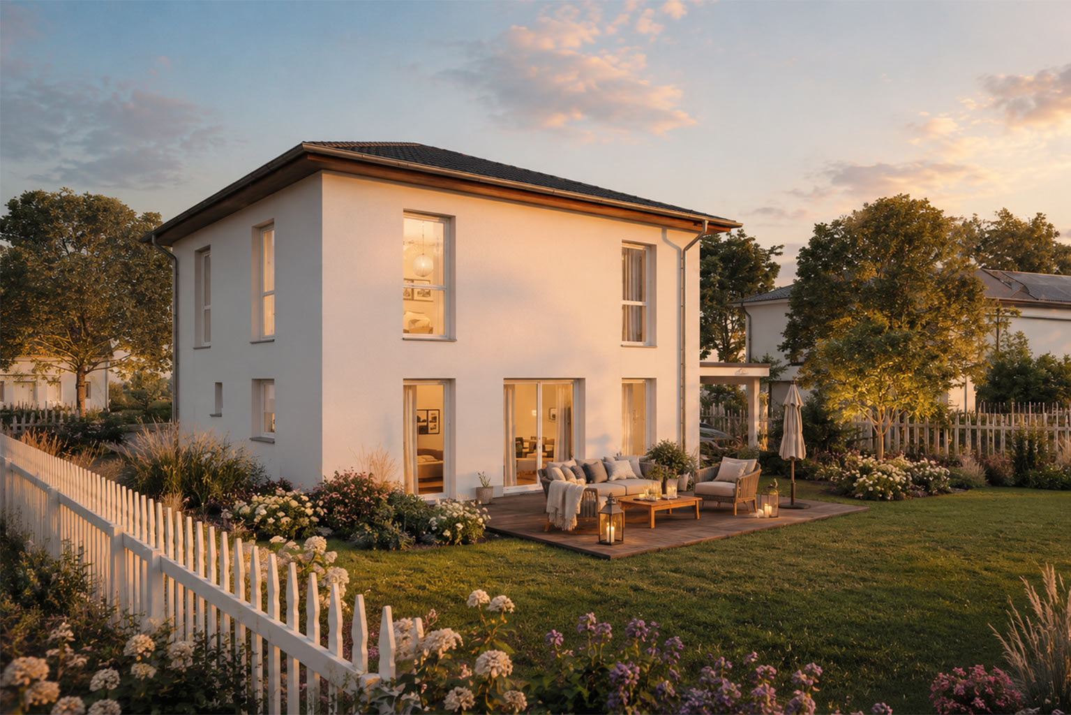 Gartenansicht der Stadtvilla Family 140 mit heller Fassade, dunklem Walmdach, großer Terrasse mit Sitzgruppe und blühendem Garten bei Abendlicht.
