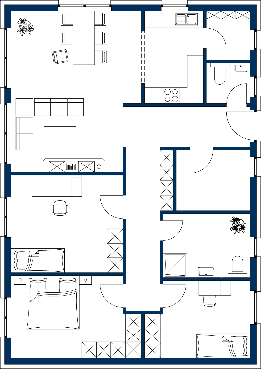 Grundriss des Bungalows Family 108 mit offenem Wohn-, Ess- und Küchenbereich, drei Schlafzimmern, Bad, Gäste-WC, Hauswirtschaftsraum und Flur.