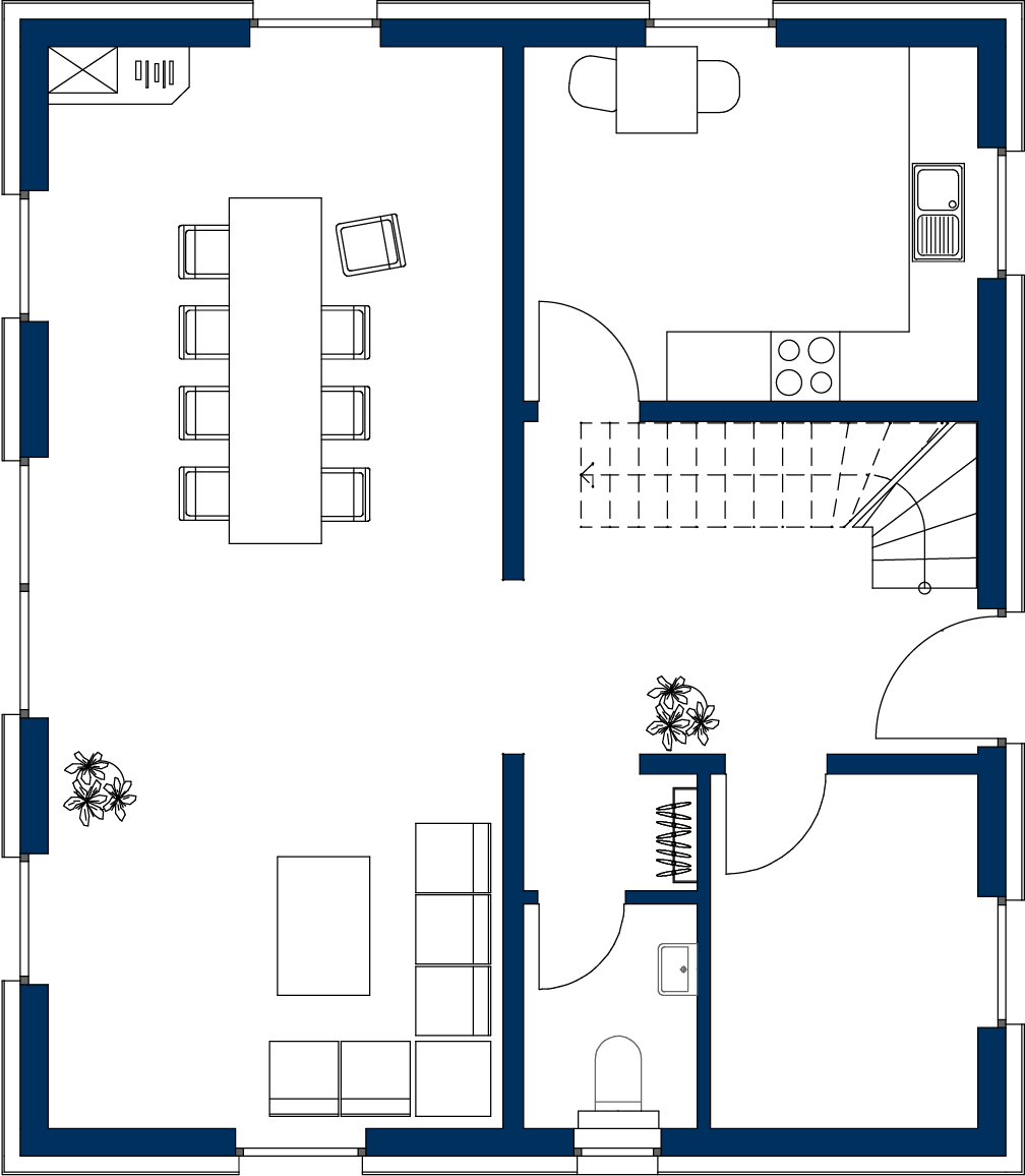 Grundriss des Erdgeschosses Family 140 mit offenem Wohn- und Essbereich, separater Küche, Gäste-WC, Nebenraum, Diele und zentraler Treppe.