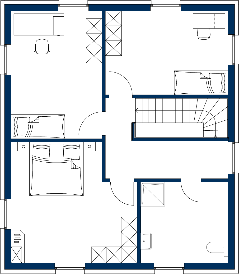 Grundriss des Obergeschosses Family 140 mit Schlafzimmer, zwei Kinderzimmern, Badezimmer, Flur und zentralem Treppenbereich.